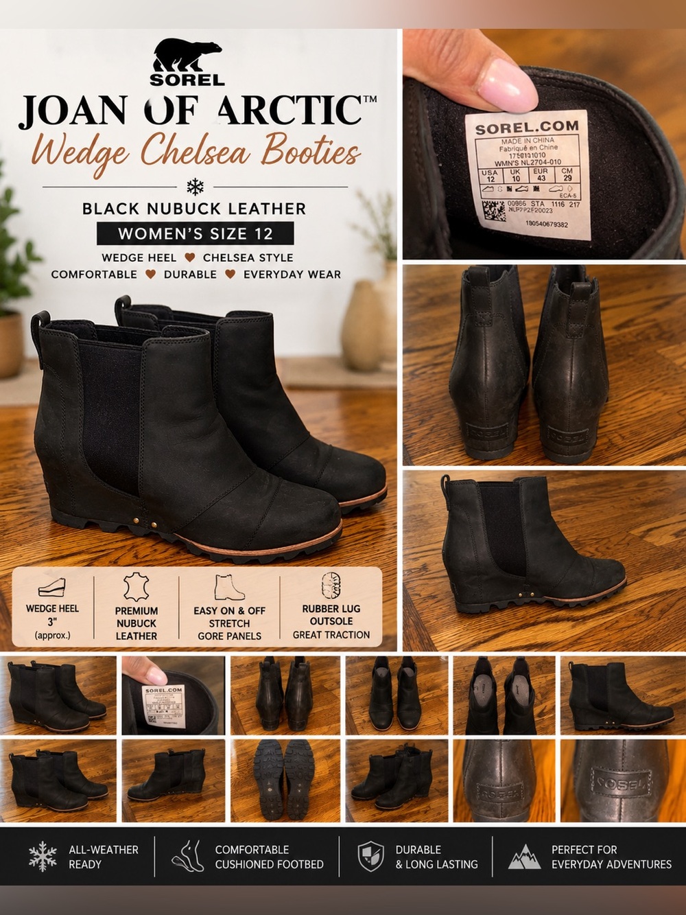 Sorel Joan of Arctic Wedge Chelsea Booties Black Nubuck Leather Women’s Size 12